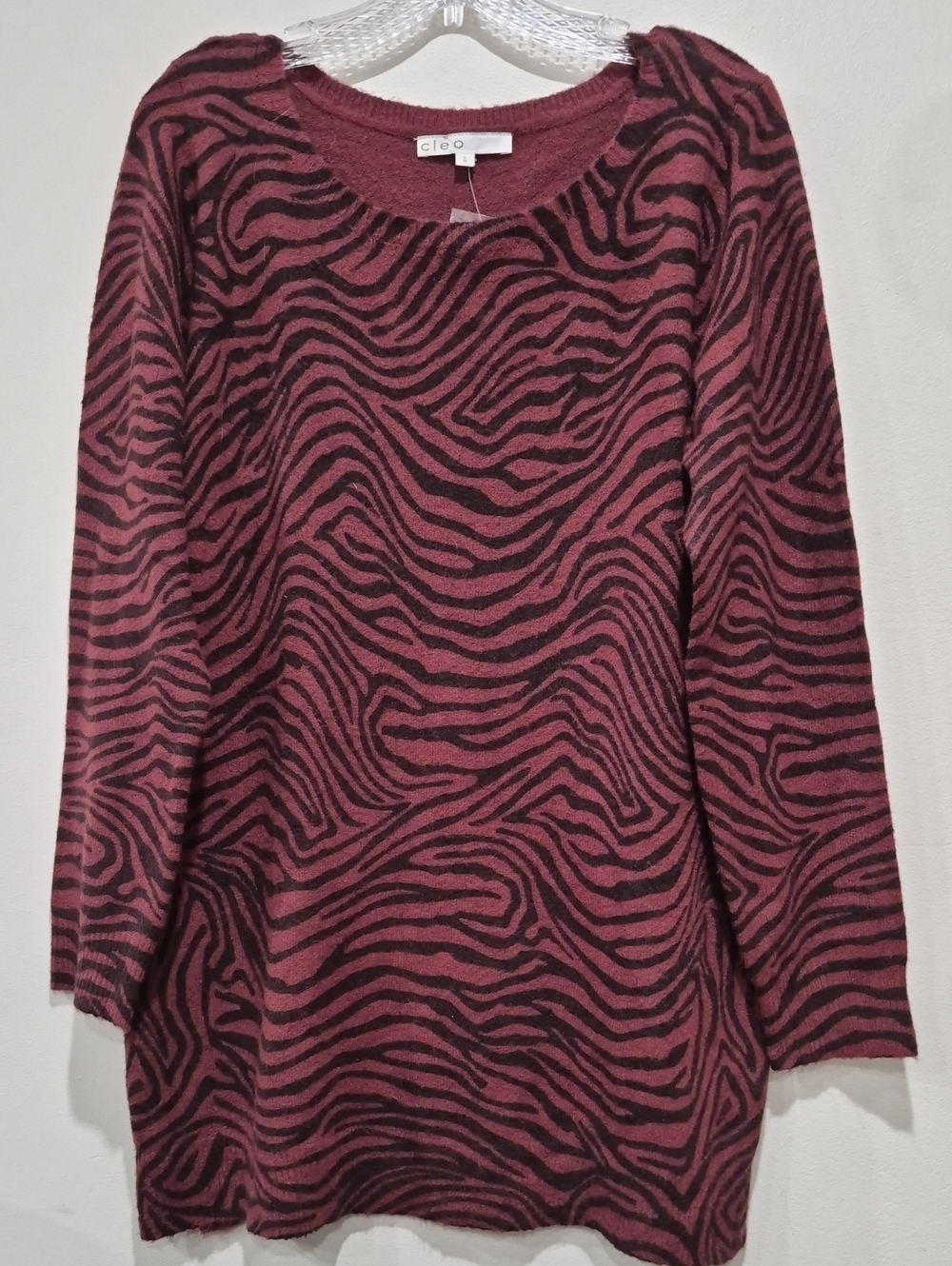 Cleo Dark Burgundy Black Zebra Animal Print Tunic Sweater Large NWT